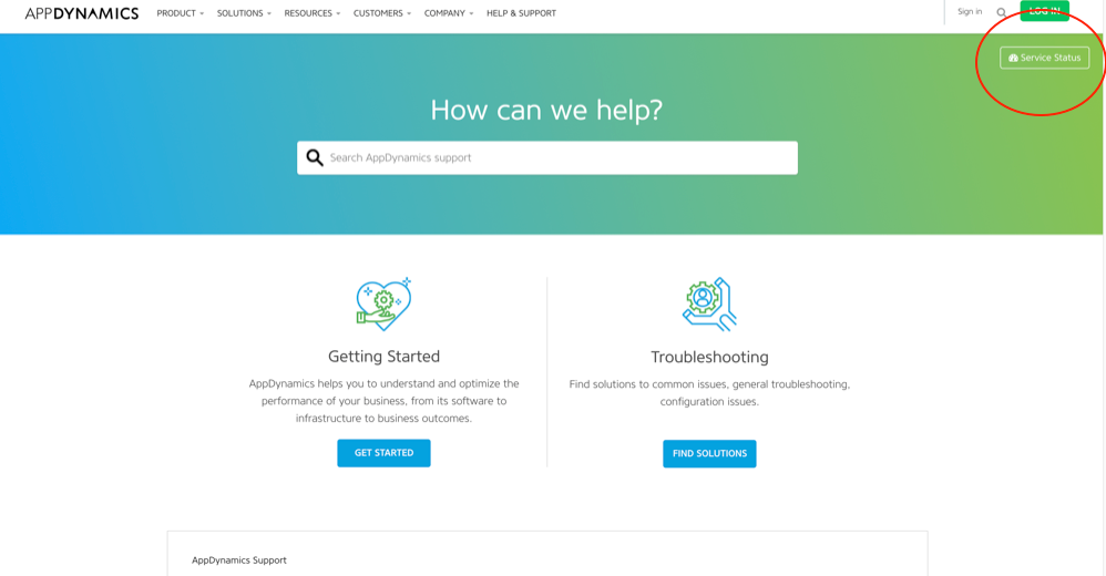 The appdynamics.com/support page.