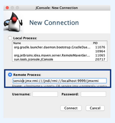 jConsole Window, Remote Process, JMX service URL format