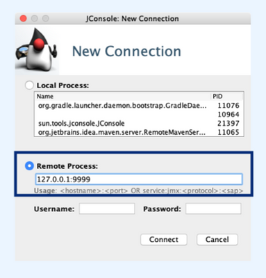jConsole window, Remote Process, host and JMX-port pair format