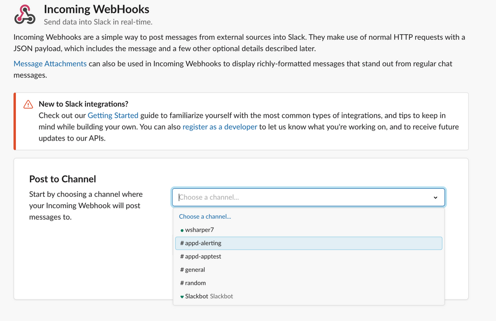 Start configuring the Webhooks app by choosing the Slack channel you want to post to