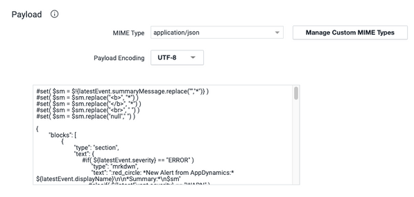 Example of adding the script template to the Create HTTP Template, Payload section in AppDynamics