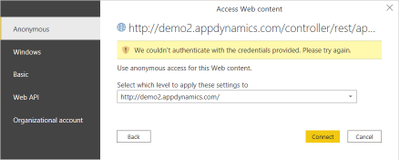 Access Web Content data source authentication settings