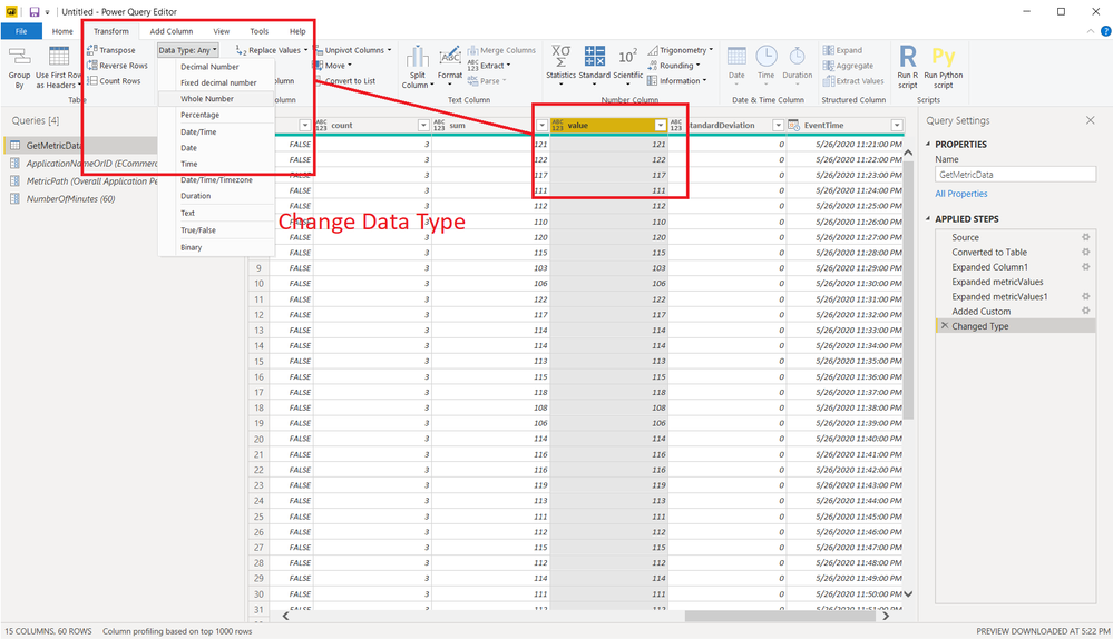 Change data type of the value column to number
