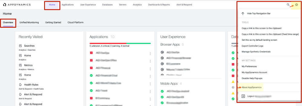 Home > Overview > Settings  > then click About AppDynamics