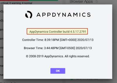 "About AppDynamics” dialog box, headed by the Controller version and build