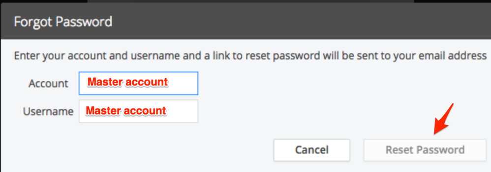 Controller URL's "Forgot Password" dialog, where you enter your Master Account name in the Account and Username fields
