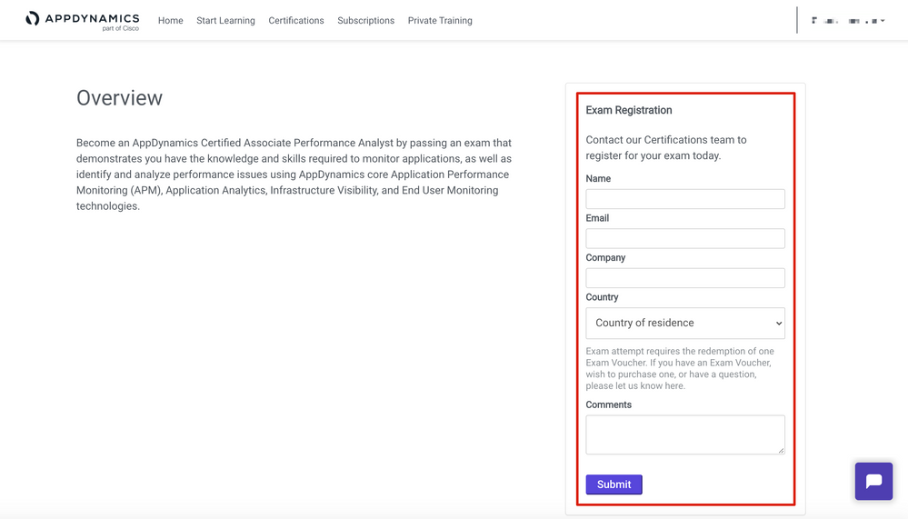 Example of the short examination registration form (AppDynamics Certified Performance Analyst)