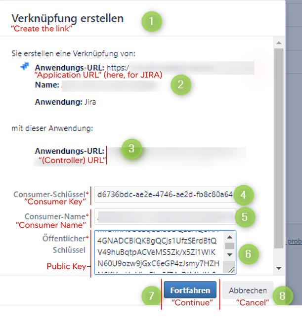 Enter the Controller credentials into the (1) “Create link” dialog: (2) Application URL from JIRA; (3) Controller URL; (4) Consumer key; (5) Consumer name; and (6) Public key. Click (7) Continue, or (8) to Cancel