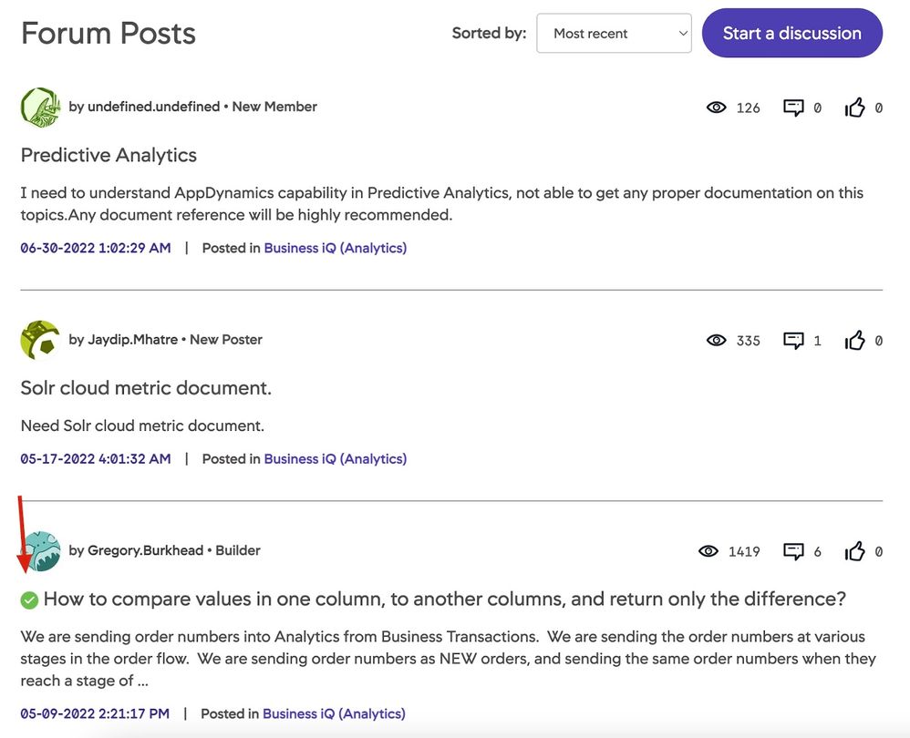 Forum topic post listings show the Accepted Solution indicator on the left.