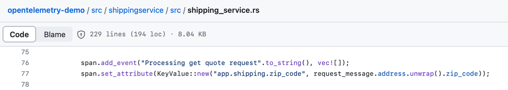Figure 2 Instrumentation of shipping service with app.shipping.zip_code attribute on line 77